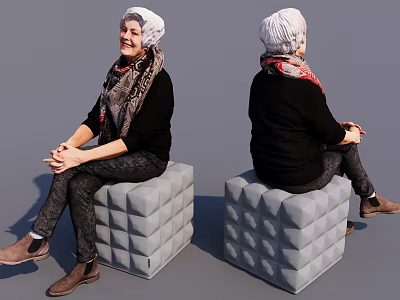 Smiling Woman Sitting On Textured Cube Stool Wearing Headscarf And Black Outfit 3d model