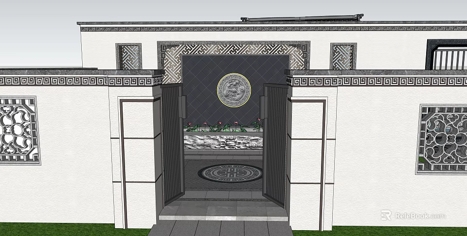 Traditional Courtyard Garden Entrance With Intricate Patterns Circular Emblem And Stone Steps 3d model 