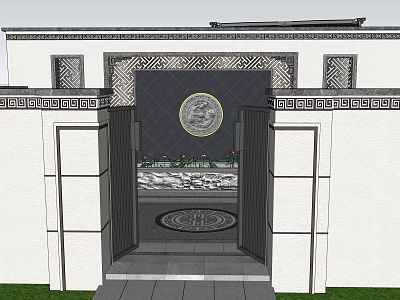 Traditional Courtyard Garden Entrance With Intricate Patterns Circular Emblem And Stone Steps 3d model
