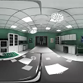 Surgical Operating Room Featuring Black Operating Table Medical Equipment Green Walls And White Cabinets