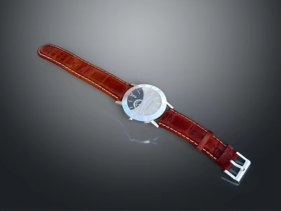 Classic Round Watch With Brown Leather Strap Silver Dial Two Semicircular Designs And Metal Buckle 3d model