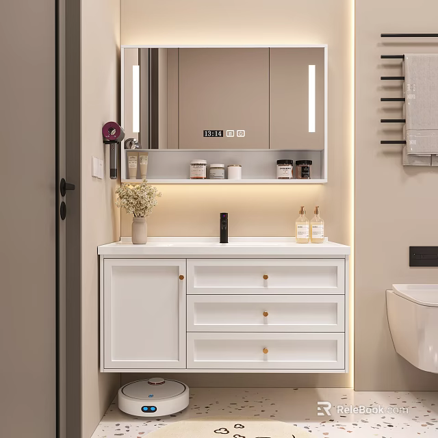 Modern White Bathroom Vanity Cabinet with Backlit Mirror Storage Drawers and Toiletries 3d model 