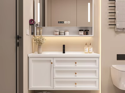 Modern White Bathroom Vanity Cabinet with Backlit Mirror Storage Drawers and Toiletries 3d model
