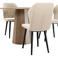 Dining Table Set With Beige Quilted Chairs Black Legs And Wooden Pedestal Design