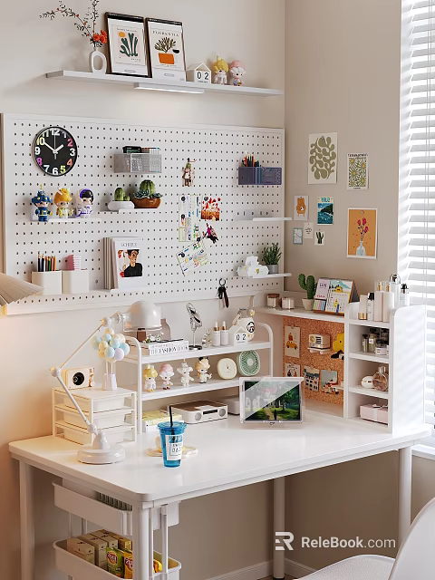 Stylish Home Desk With Pegboard Clock Small Figurines Potted Plants And Laptop 3d model 
