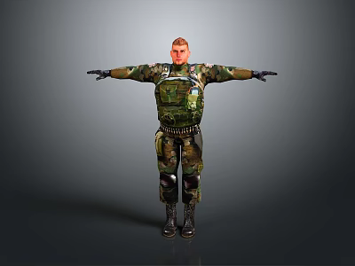 Military Figure In Camouflage Uniform With Arms Outstretched And Tactical Gear On Gray Background 3d model