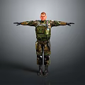 Military Figure In Camouflage Uniform With Arms Outstretched And Tactical Gear On Gray Background