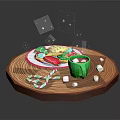 Christmas Themed Cookies On Wooden Tray With Green Cup Hot Drink Marshmallows And Candy Canes