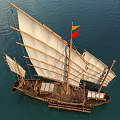Wooden Ship With Large Sails And Flag Sailing On Blue Ocean