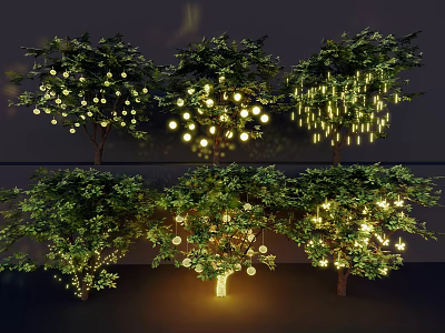 Decorative Lights Hanging On Trees With Glowing Spherical And String Light Designs 3d model