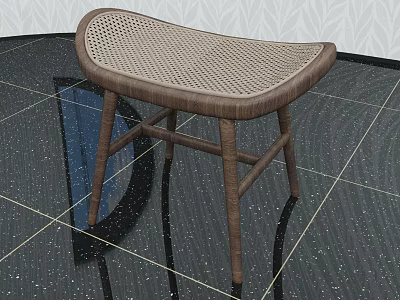 Brown Wooden Stool With Woven Seat On Black Glossy Floor Simple Design 3d model