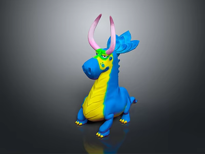 3D Cartoon Dragon Game Character With Blue Body Yellow Belly And Pink Horns 3d model