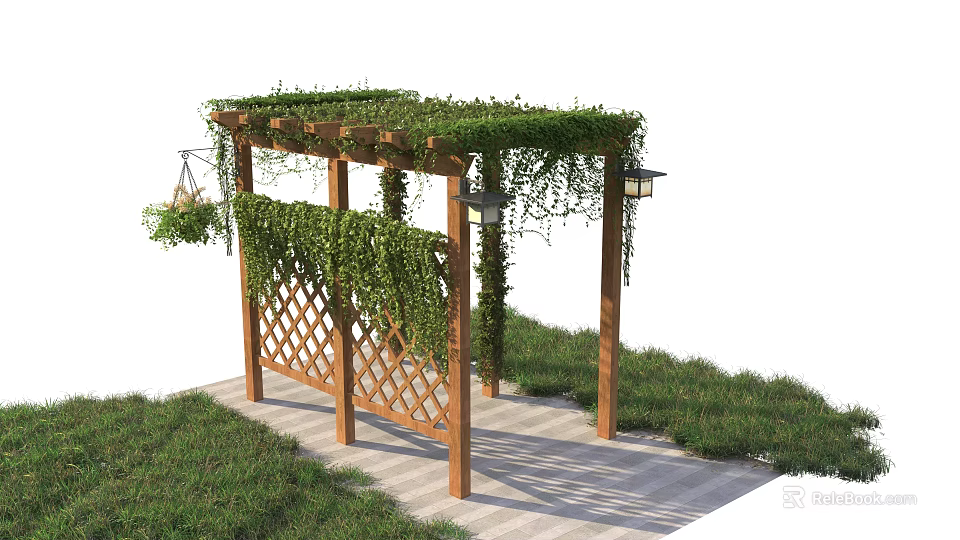 Lush Vines Covering Wooden Garden Pergola With Lattice Structure And Green Grass 3d model 
