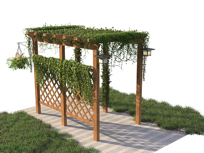 Lush Vines Covering Wooden Garden Pergola With Lattice Structure And Green Grass 3d model