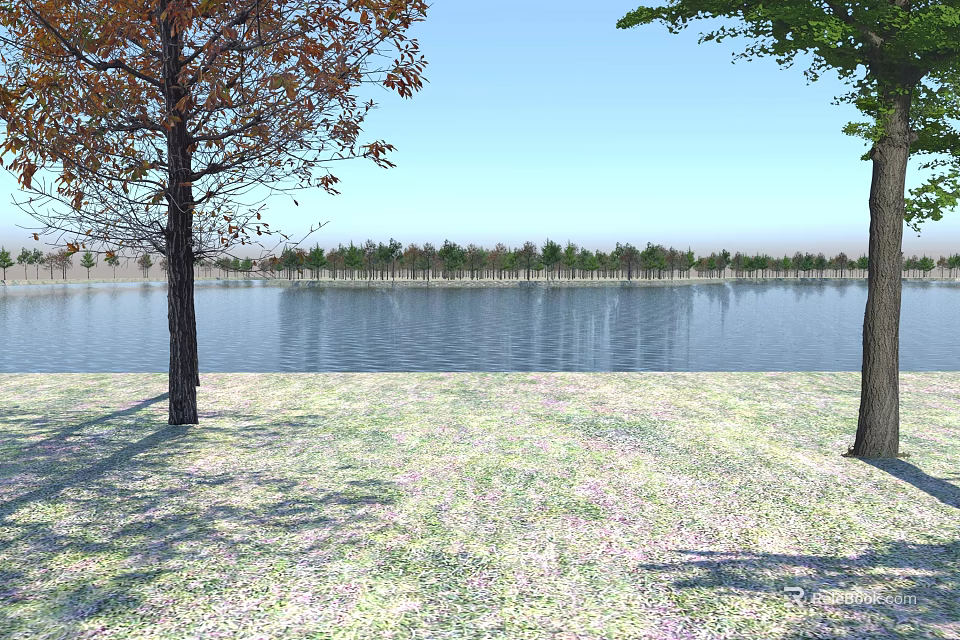 Scenic Lake View With Autumn And Green Leaf Trees Grass Petals And Blue Sky 3d model 