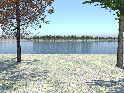 Scenic Lake View With Autumn And Green Leaf Trees Grass Petals And Blue Sky 3d model