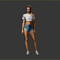 Woman In White Cropped Top And Denim Shorts With White Sneakers On Gray Background