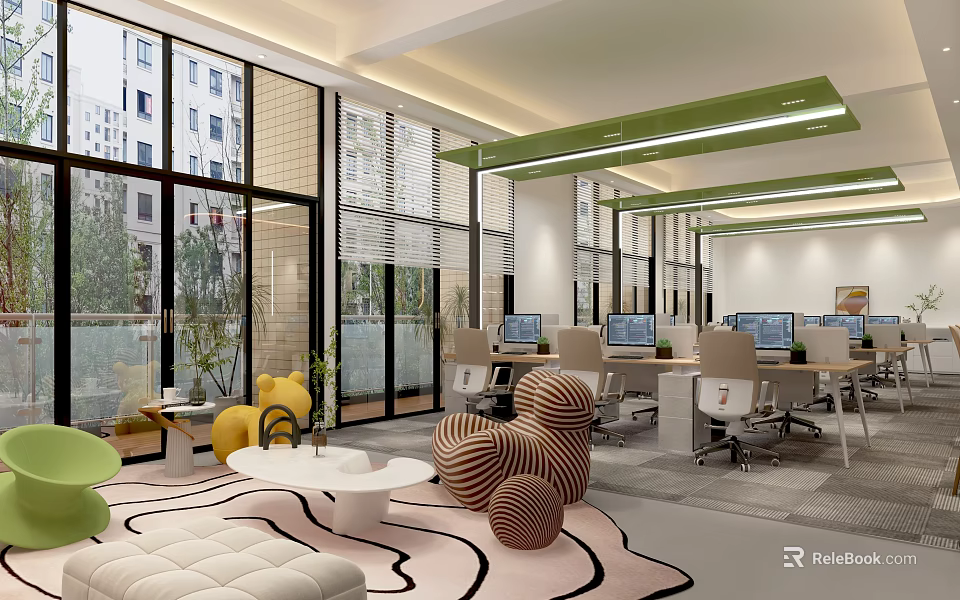 Modern Open Public Office Space Featuring Large Windows Computers Chairs Sofas Green Plants Geometric Decor 3d model 