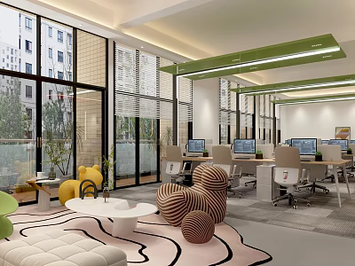Modern Open Public Office Space Featuring Large Windows Computers Chairs Sofas Green Plants Geometric Decor 3d model