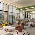 Modern Open Public Office Space Featuring Large Windows Computers Chairs Sofas Green Plants Geometric Decor 3d model