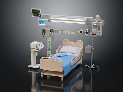Comprehensive Medical Devices With Hospital Bed Monitor Ceiling Mounted Arm And IV Stand 3d model