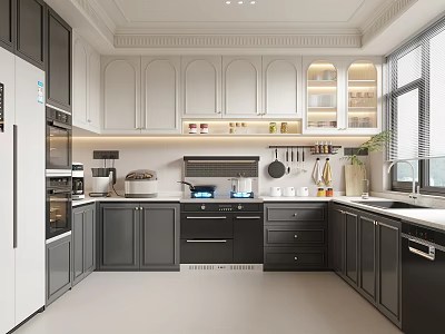 Modern Kitchen Interior Design With White Dark Gray Cabinets Appliances Sink And Natural Light 3d model