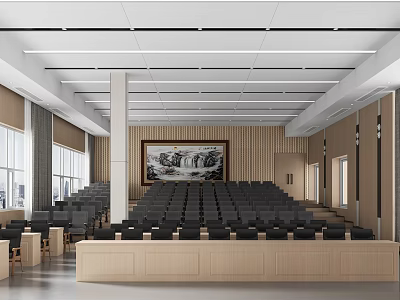 Large Conference Room Featuring Stepped Seating Wooden Walls Landscape Painting And Large Windows 3d model