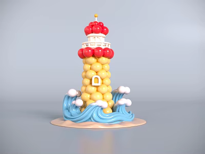 Decorative Lighthouse Photo Spot With Yellow Body Red Top And Wave Cloud Decorations 3d model