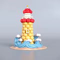 Decorative Lighthouse Photo Spot With Yellow Body Red Top And Wave Cloud Decorations