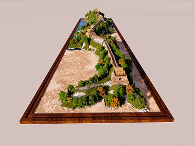Great Wall Themed Sculpture Model With Mountain Trees And Water On Wooden Base 3d model