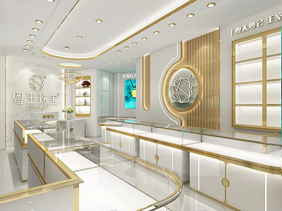 Elegant Modern Jewelry Store Interior With White Gold Display Counters And Glass Shelves 3d model