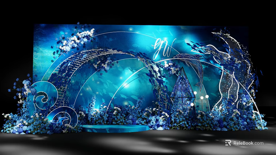 Blue Themed Wedding Stage Setup With Flower Decorations Arched Structures And GW Initials 3d model