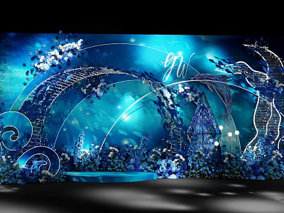 Blue Themed Wedding Stage Setup With Flower Decorations Arched Structures And GW Initials 3d model