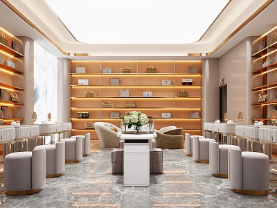 Luxury Boutique Interior Design With Display Shelves Central Table Flower Arrangement And Marble Floor 3d model