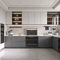 Modern Gray Kitchen Interior With Cabinets Built in Oven Refrigerator And Countertop