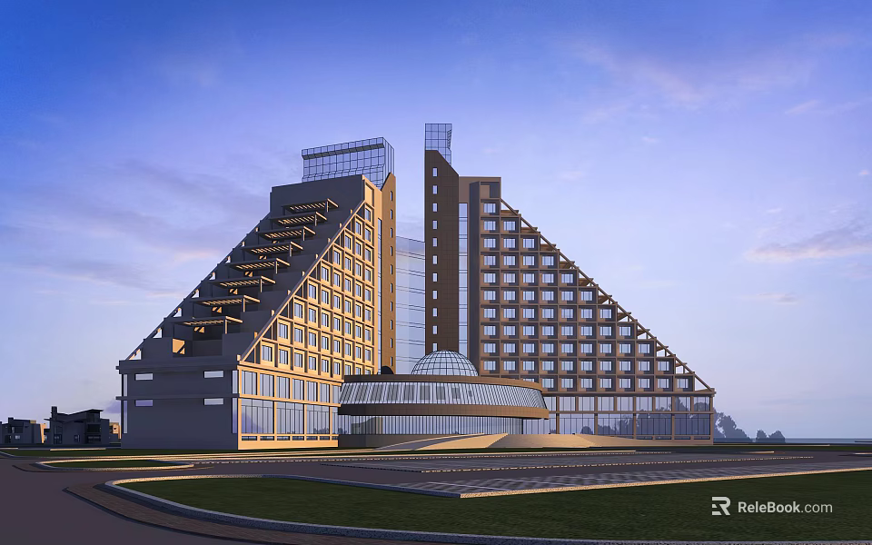 Modern Hotel Architecture Featuring Glass Facade Unique Geometric Design And Tower Structure 3d model