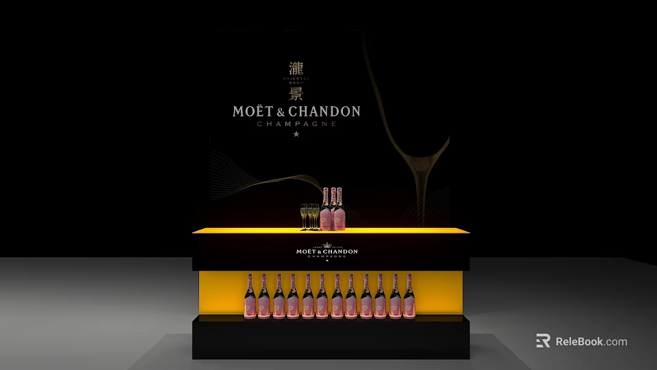 Moet Chandon Champagne Display Stand With Yellow Black Design And Bottles 3d model 