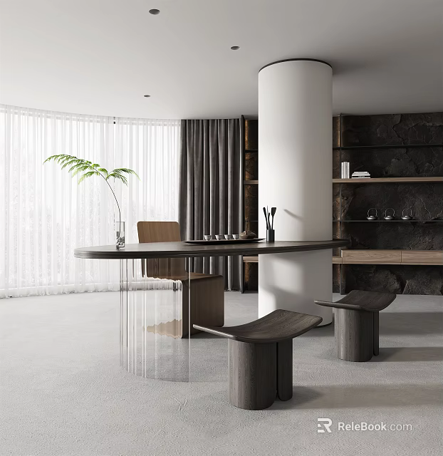 Modern Tea Room Interior With Round Table Transparent Legs Wooden Stools And Green Plant 3d model 