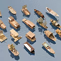 Many Traditional Wooden Boats With Various Designs Arranged On Blue Water Surface