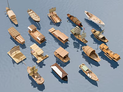 Many Traditional Wooden Boats With Various Designs Arranged On Blue Water Surface 3d model