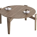Round Wooden Coffee Table with Two Coffee Cups on Ceramic Plates 3d model