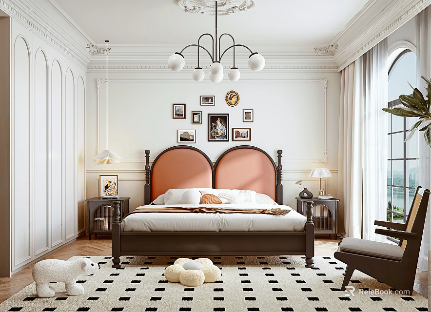 Elegant Modern Bedroom Interior With Red Headboard Bed Framed Wall Art Chandelier And Checkered Rug 3d model 