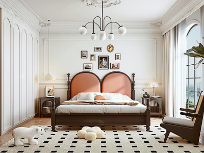 Elegant Modern Bedroom Interior With Red Headboard Bed Framed Wall Art Chandelier And Checkered Rug 3d model