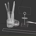 Essential Desk Supplies With Mesh Penholder Pencils Red Scissors Ruler Photo Frame And Note Holder