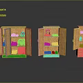 Three Wooden Storage Cabinets with Open Doors Containing Clothes Shoes And Items