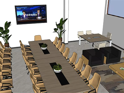 Modern Conference Room With Long Table Chairs Green Plants Large Screen And Lounge Area 3d model