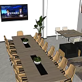 Modern Conference Room With Long Table Chairs Green Plants Large Screen And Lounge Area