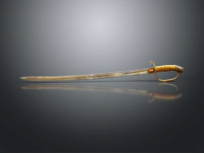 Antique Golden Sword With Curved Blade Decorative Hilt And Reflection On Dark Surface 3d model