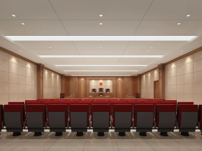 Elegant Courtroom Interior With Red Seats And Wooden Judge Bench 3d model