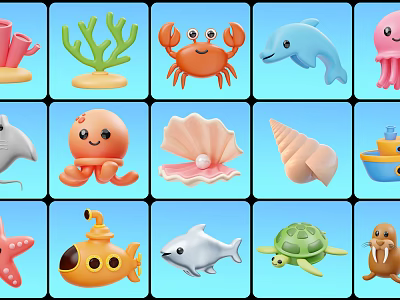 Cartoon Marine BioPrint Single Product Coral Crab Baker Pearl Submarine Turtle Sea Lion Starfish 3d model
